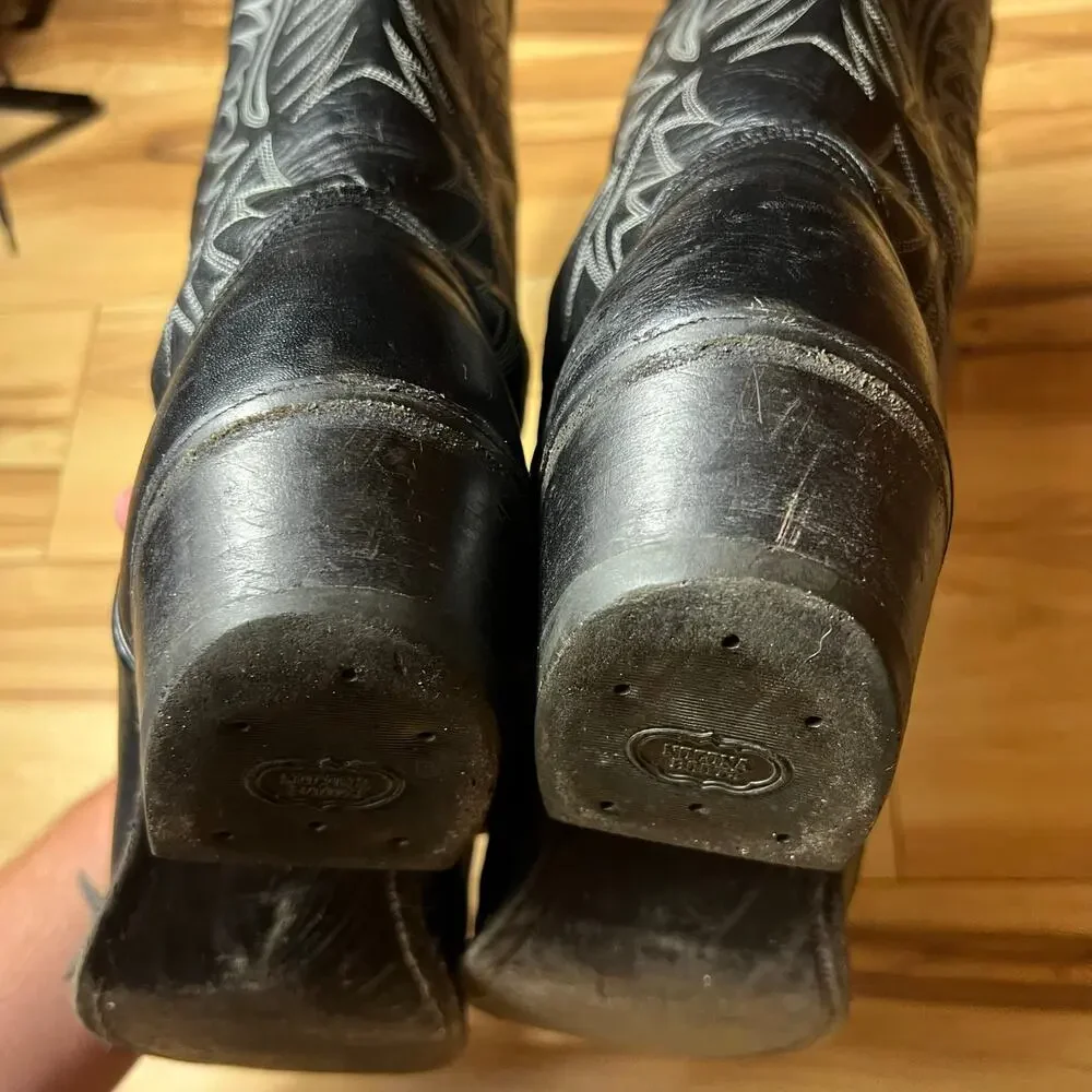 VINTAGE Nocona Imperfect Black Cowboy Boots Size 10.5 D Western Embroidered